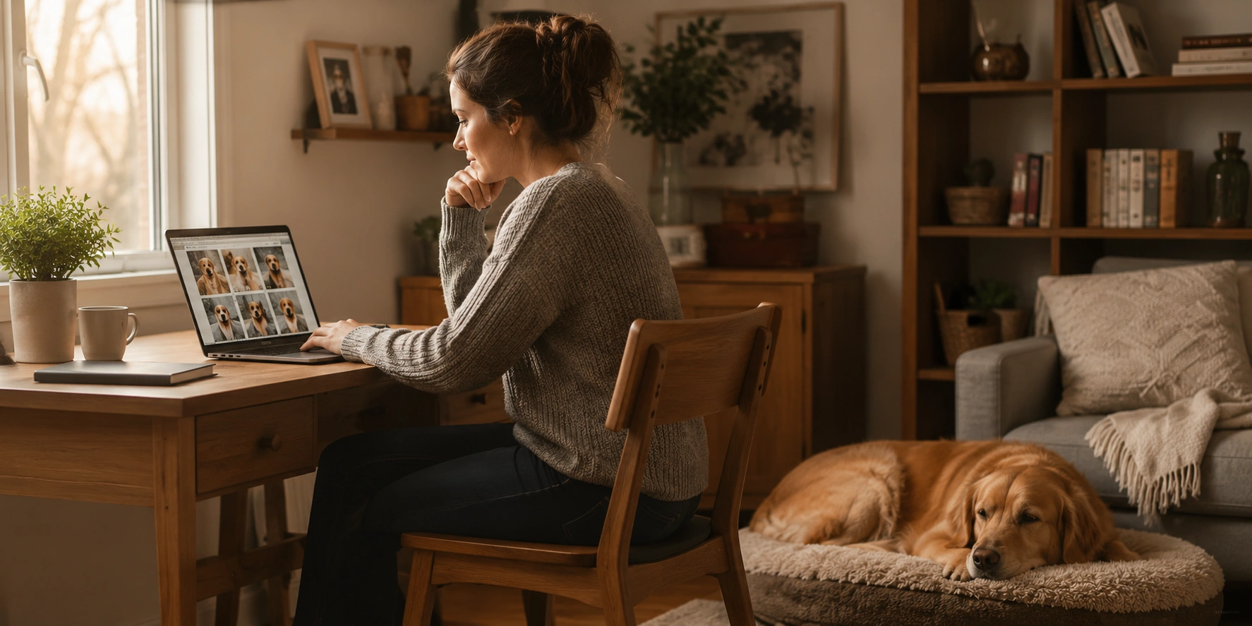 Person researching dog care information on laptop with dog resting nearby