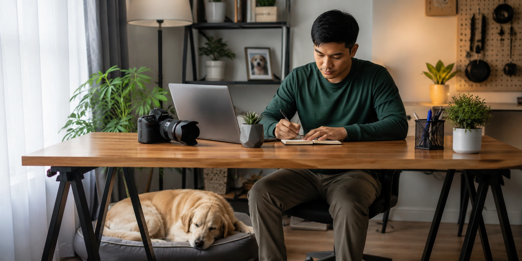 Person working on dog care content at desk with dog sleeping nearby