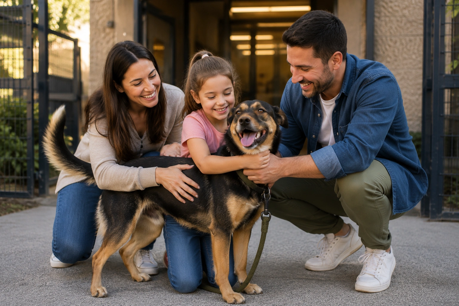 Happy family adopting rescue dog from shelter