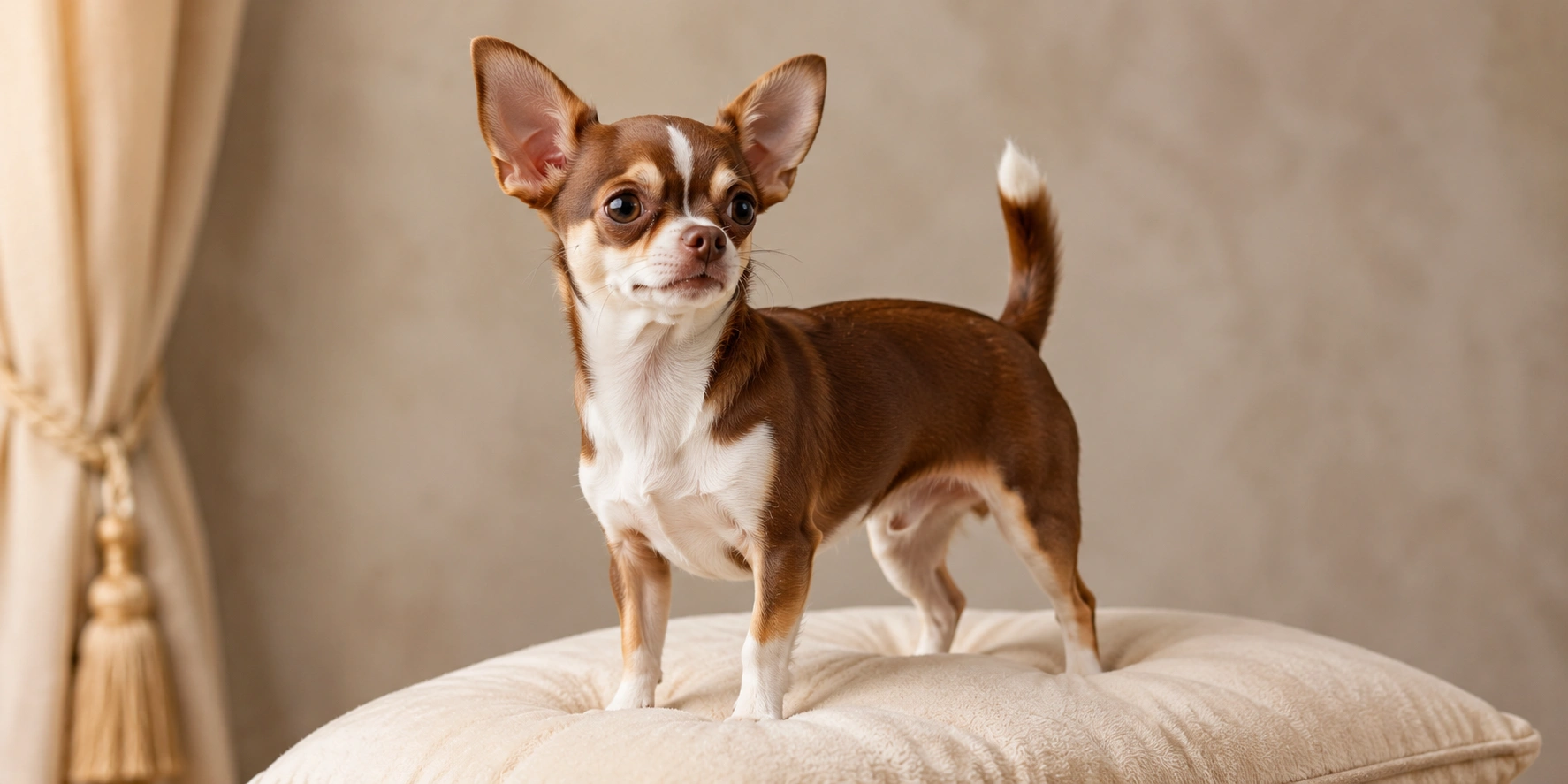 Smooth coat Chihuahua with alert expression standing proudly