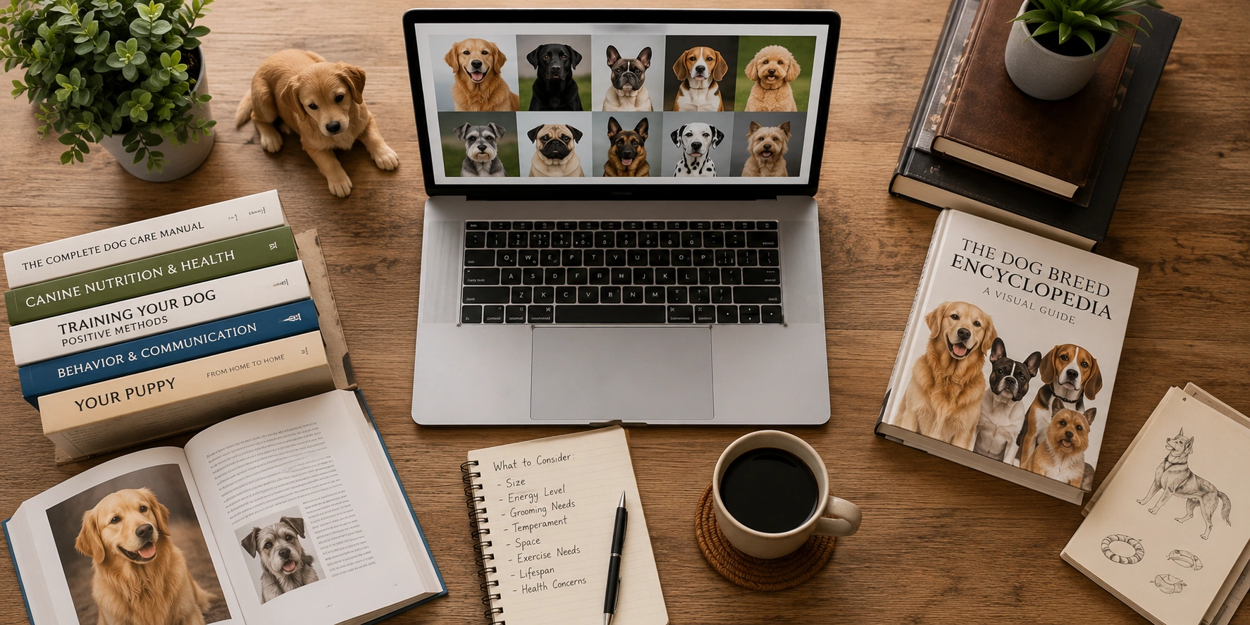 Person researching different dog breeds with laptop and books