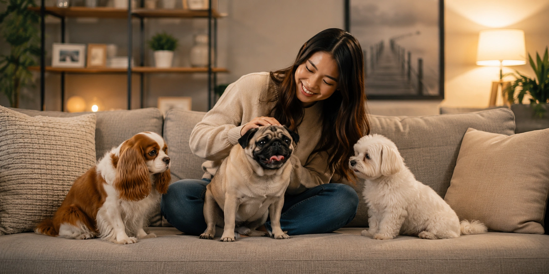 Person sitting on couch with multiple toy dog breeds of different types