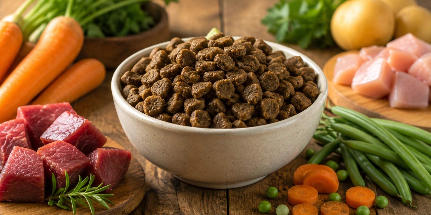 High quality dog food kibble in bowl with fresh ingredients