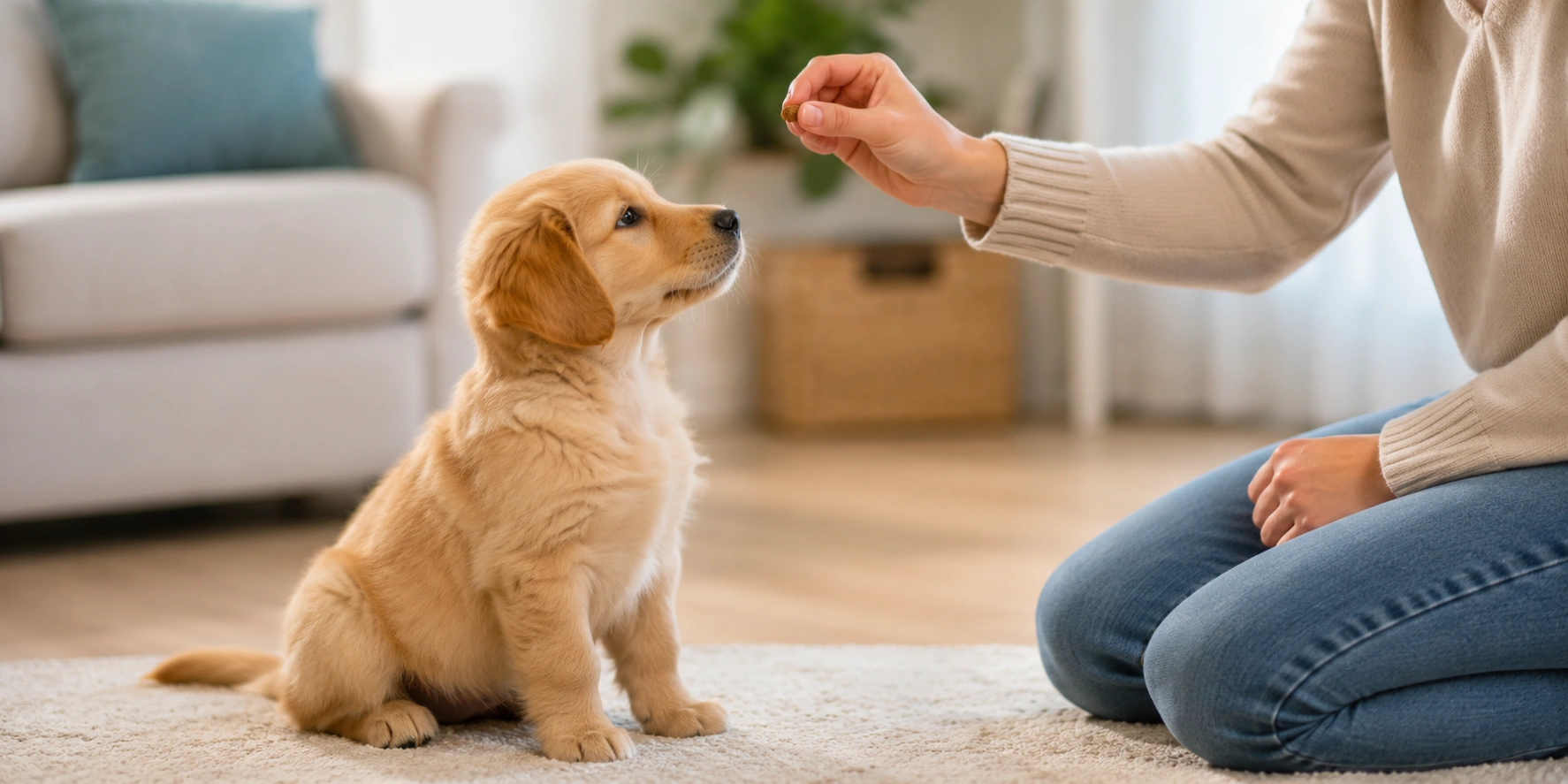 Cute puppy being guided during first training session