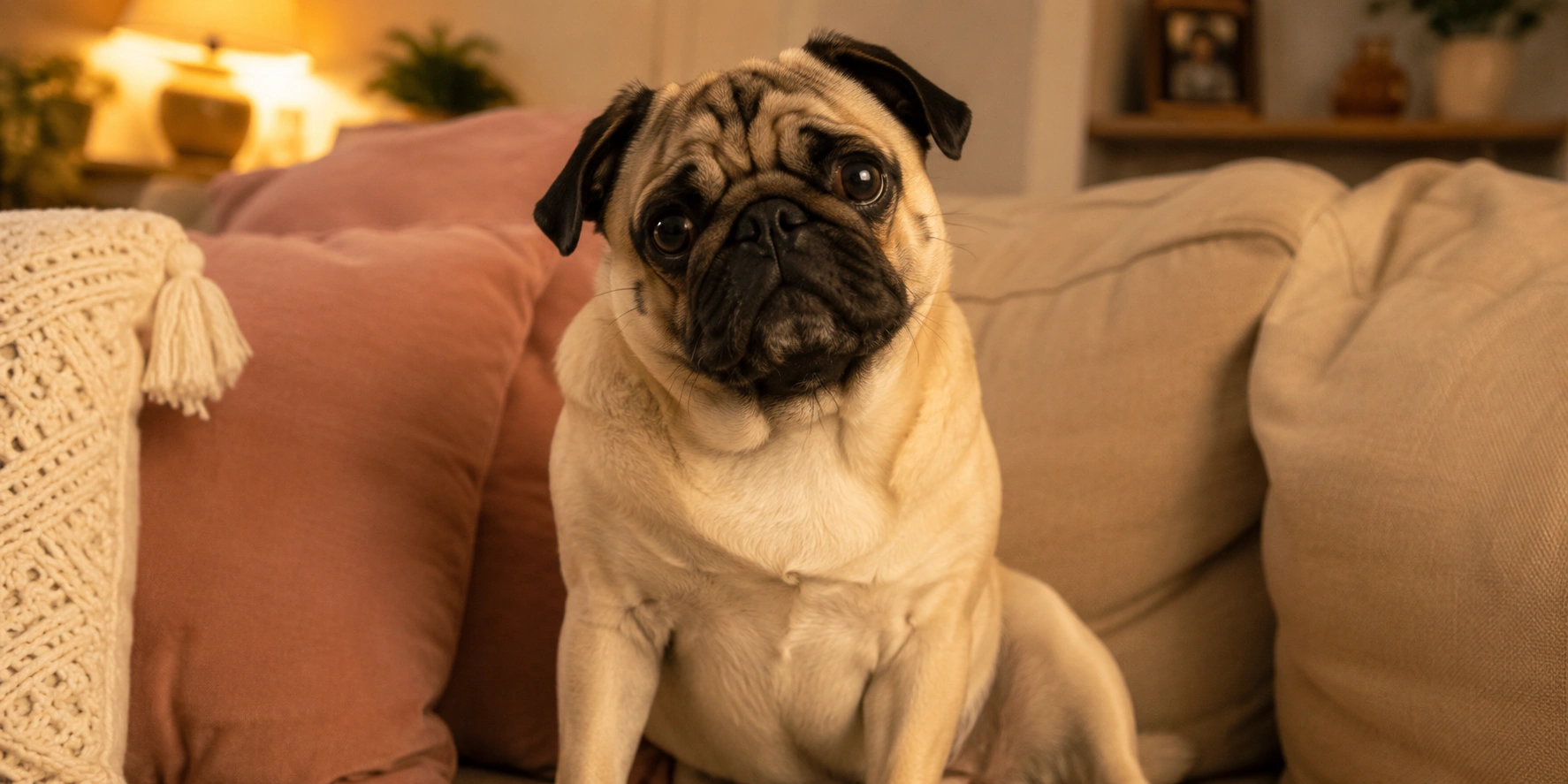 Fawn Pug with black mask and wrinkled face looking at camera