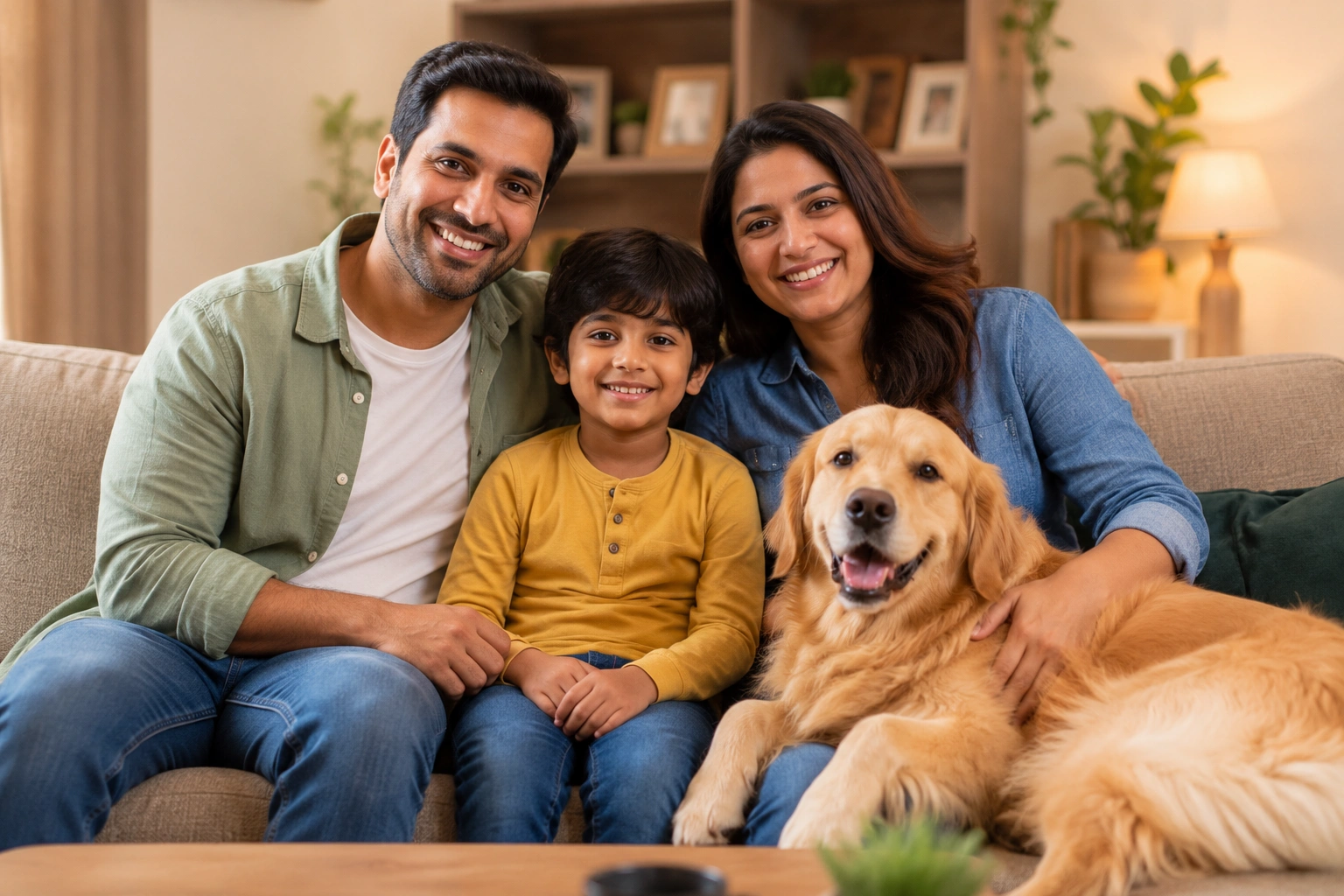 Happy family with perfectly matched dog breed in living room