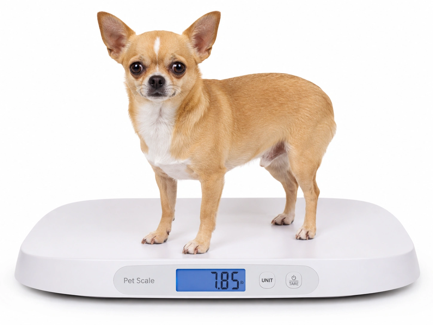 Chihuahua sitting on a scale showing small size characteristic of toy breeds