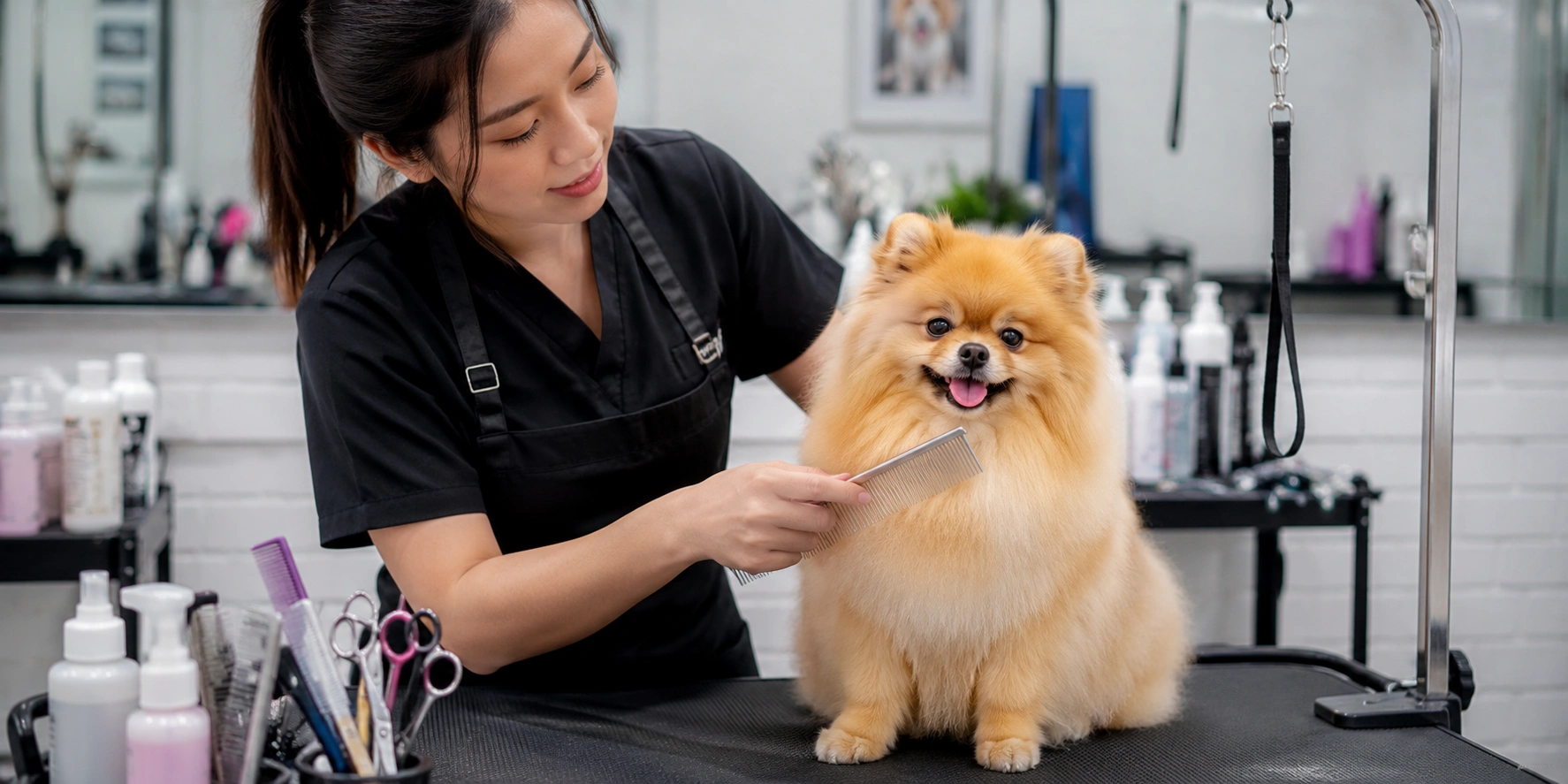 Professional groomer carefully trimming a Pomeranian's fluffy coat