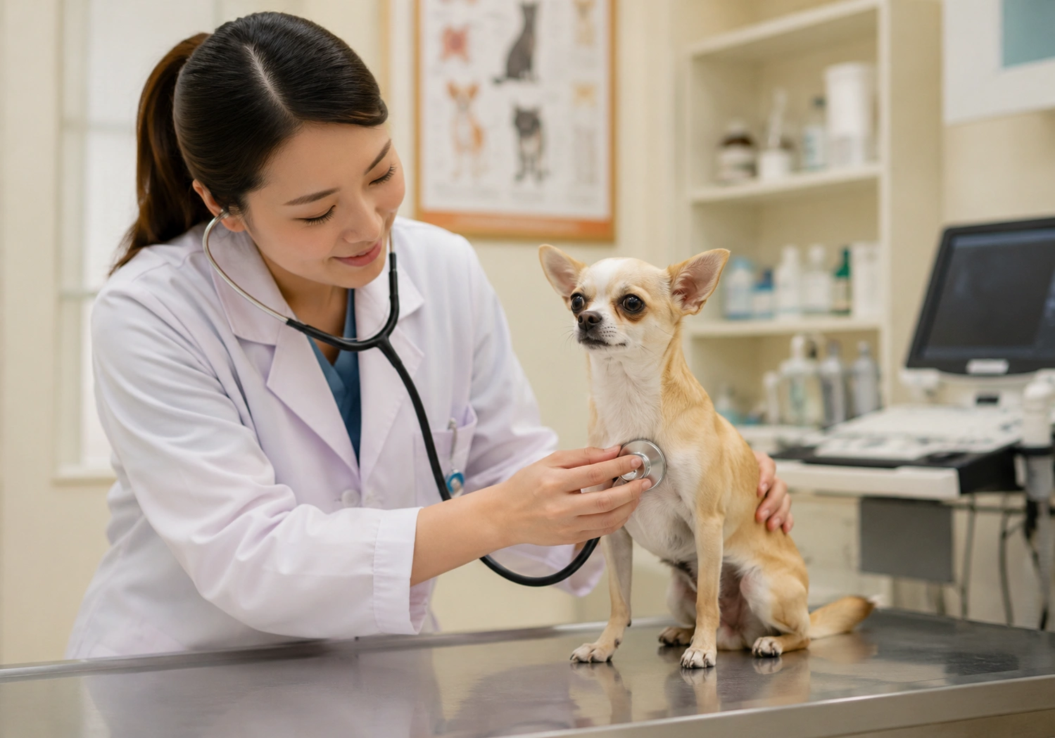Veterinarian examining a small toy breed dog during wellness checkup