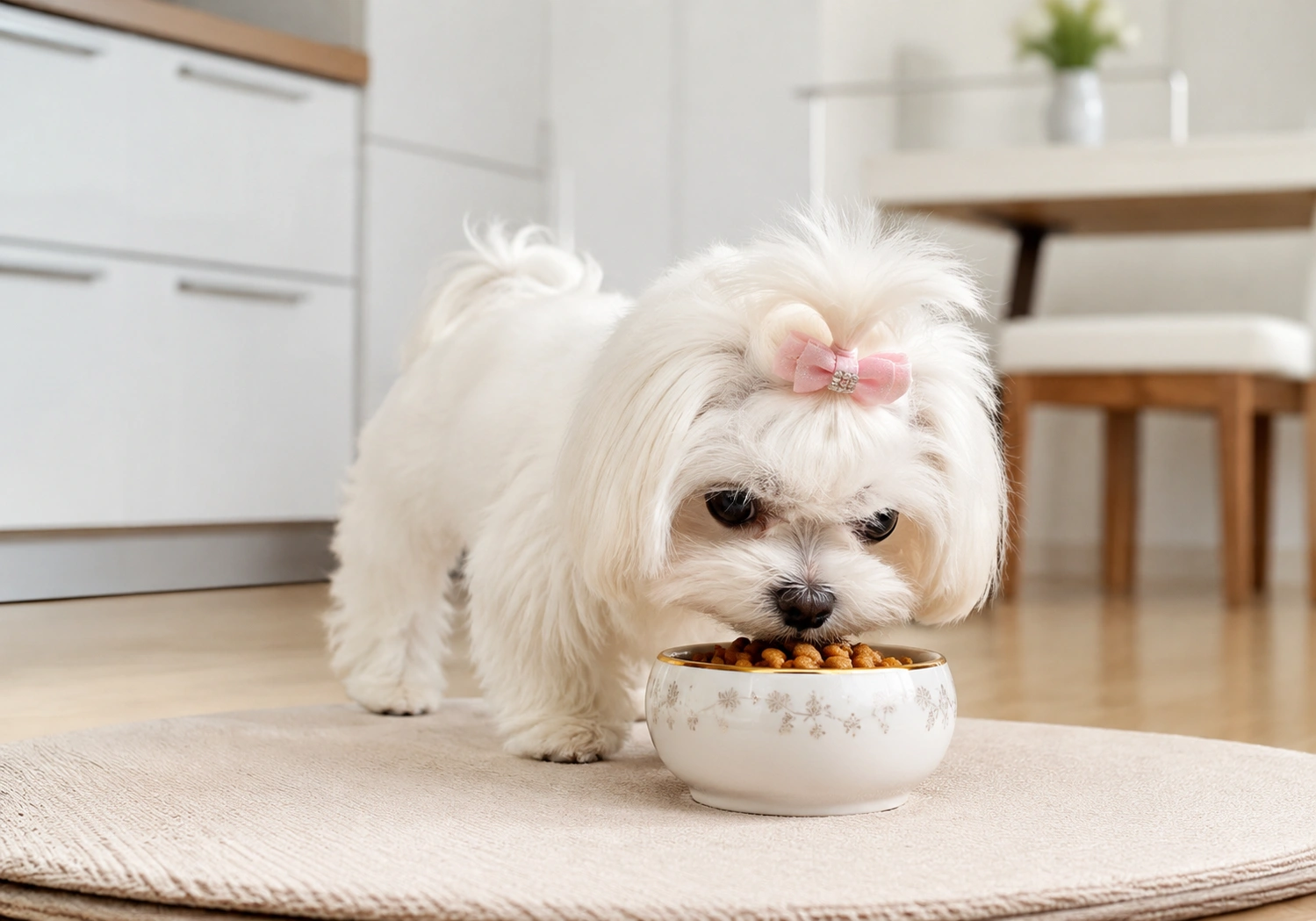 Small dog eating from appropriately sized bowl with high-quality kibble